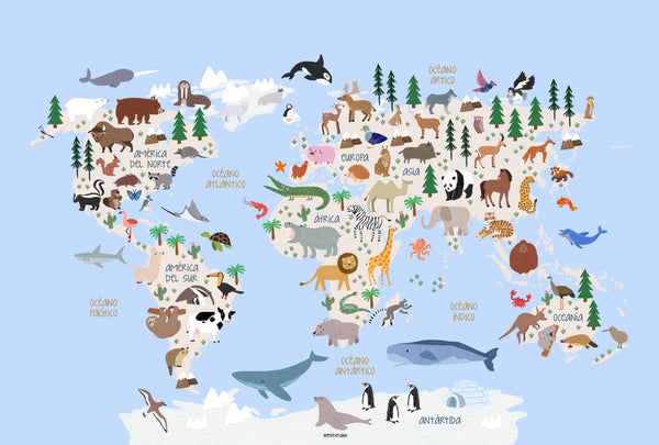 Póster Mapamundi animales